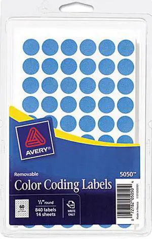 Avery 05050 Removable Self-Adhesive Color-Coding Labels, 1/2in dia, Light Blue, 840/Pack