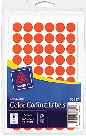 Avery 05051 Removable Self-Adhesive Color-Coding Labels, 1/2in dia, Neon Red, 840/Pack
