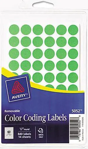 Avery 05052 Removable Self-Adhesive Color-Coding Labels, 1/2in dia, Neon Green, 840/Pack