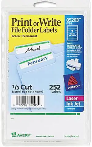 Avery 05203 Print or Write File Folder Labels, 11/16 x 3-7/16, White/Green Bar, 252/Pack