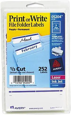 Avery 05204 Print or Write File Folder Labels, 11/16 x 3-7/16, White/Purple Bar, 252/Pack