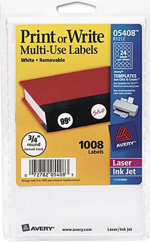 Avery 05408 Print or Write Removable Multi-Use Labels, 3/4in dia, White, 1008/Pack