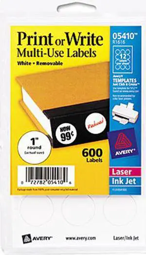 Avery 05410 Print or Write Removable Multi-Use Labels, 1in dia, White, 600/Pack