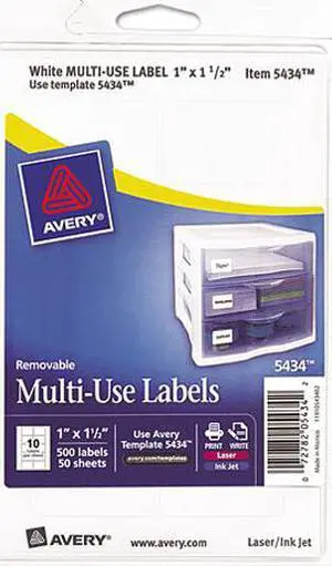 Avery 05434 Print or Write Removable Multi-Use Labels, 1 x 1-1/2, White, 500/Pack