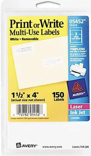 Avery 05452 Print or Write Removable Multi-Use Labels, 1-1/2 x 4, White, 150/Pack