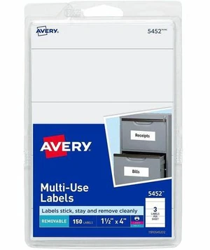 Avery 05452 Print or Write Removable Multi-Use Labels - 4" Width x 1 1/2" Length - Removable Adhesive - Rectangle - Laser, Inkjet - White - 150 / Pack Avery 05452 Print or Write Removable Multi-Use Labels - 4" Width x 1 1/2" Length - Removable Adhesive - Rectangle - Laser, Inkjet - White - 150 / Pack
