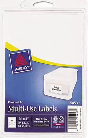 Avery 05453 Print or Write Removable Multi-Use Labels, 3 x 4, White, 80/Pack