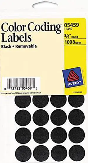 Avery 05459 Removable Self-Adhesive Color-Coding Labels, 3/4in dia, Black, 1008/Pack