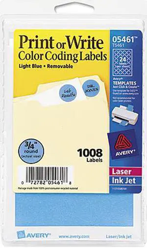 Avery 05461 Print or Write Removable Color-Coding Labels, 3/4in dia, Light Blue, 1008/Pack