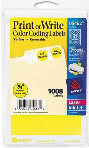 Avery 05462 Print or Write Removable Color-Coding Labels, 3/4in dia, Yellow, 1008/Pack