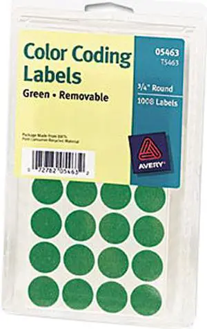 Avery 05463 Print or Write Removable Color-Coding Labels, 3/4in dia, Green, 1008/Pack