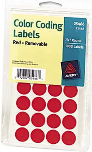 Avery 05466 Print or Write Removable Color-Coding Labels, 3/4in dia, Red, 1008/Pack