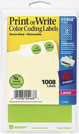 Avery 05468 Print or Write Removable Color-Coding Labels, 3/4in dia, Neon Green, 1008/Pack