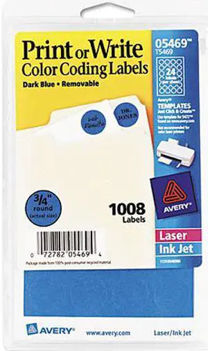 Avery 05469 Print or Write Removable Color-Coding Labels, 3/4in dia, Dark Blue, 1008/Pack