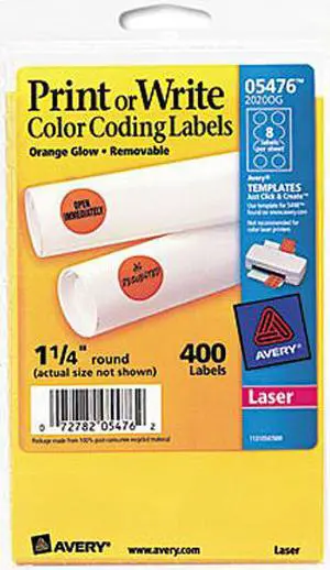 Avery 05476 Print or Write Removable Color-Coding Labels, 1-1/4in dia, Neon Orange, 400/Pack