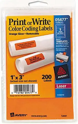Avery 05477 Print or Write Removable Color-Coding Laser Labels, 1 x 3, Neon Orange, 200/Pack