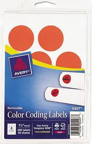 Avery 05497 Print or Write Removable Color-Coding Labels, 1-1/4in dia, Neon Red, 400/Pack