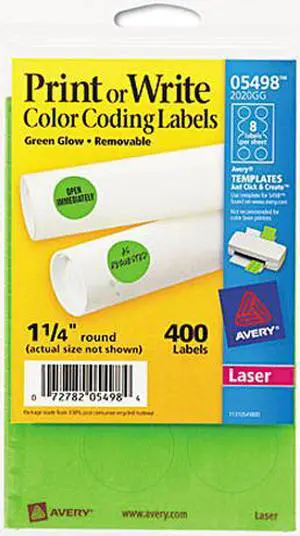 Avery 05498 Print or Write Removable Color-Coding Labels, 1-1/4in dia, Neon Green, 400/Pack