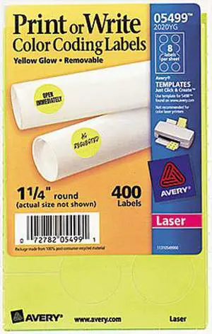 Avery 05499 Print or Write Removable Color-Coding Labels, 1-1/4in dia, Neon Yellow, 400/Pack
