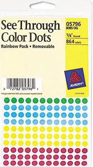 Avery 05796 See-Through Removable Color Dots, 1/4" dia, Assorted Colors, 864/Pack