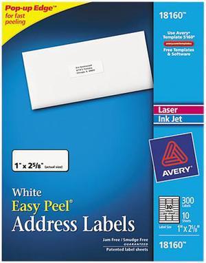 Avery 18160 Inkjet Address Labels, 1 x 2-5/8, White, 300/Pack