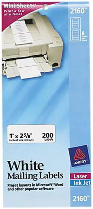 Avery 2160 Laser/Inkjet Mailing Labels, Mini-Sheet, 1 x 2-5/8, White, 200/Pack