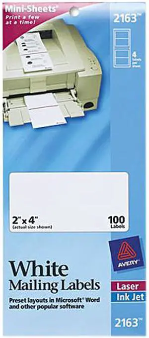 Avery 2163 Laser/Inkjet Mailing Labels, Mini-Sheet, Mini-Sheet, 2 x 4, White, 100/Pack