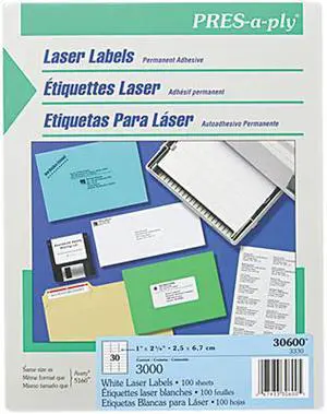 Avery 30600 Pres-A-Ply Laser Address Labels, 1 x 2-5/8, White, 3000/Box