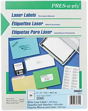 Avery 30601 Pres-A-Ply Laser Address Labels, 1 x 4, White, 2000/Box