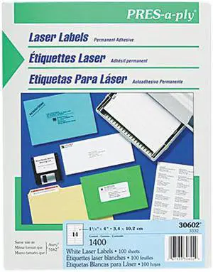 Avery 30602 Pres-A-Ply Laser Address Labels, 1-1/3 x 4, White, 1400/Box