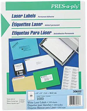Avery 30603 Pres-A-Ply Laser Address Labels, 2 x 4, White, 1000/Box