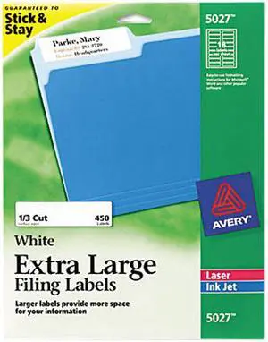 Avery 5027 Extra-Large 1/3-Cut Filing Labels, 15/16 x 3-7/16, White, 450/Pack