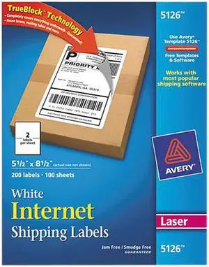 Avery Internet Shipping Labels, TrueBlock Technology, Permanent Adhesive, 5-1/2" x 8-1/2", 200 Labels (5126)