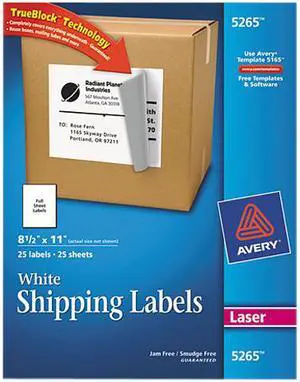 Avery Shipping Labels, TrueBlock Technology, Permanent Adhesive, 8-1/2" x 11", 25 Labels (5265)