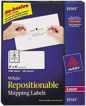 Avery 55163 Re-hesive Laser Labels, 2 x 4, White, 1000/Pack