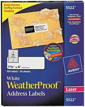 Avery 5522 White Weatherproof Laser Shipping Labels, 1-1/3 x 4, 700/Pack