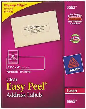 Avery Matte Clear Address Labels, Sure Feed Technology, Laser, 1-1/3" x 4", 700 Labels (5662)