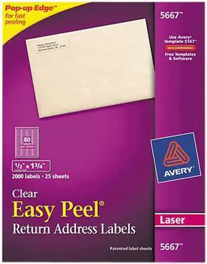 Avery Matte Clear Return Address Labels, Sure Feed Technology, Laser, 1/2" x 1-3/4", 2,000 Labels (5667)