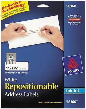 Avery 58160 Re-hesive Inkjet Labels, 1 x 2 5/8, White, 750/Pack