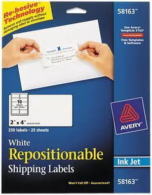 Avery 58163 Re-hesive Inkjet Labels, 2 x 4, White, 250/Pack