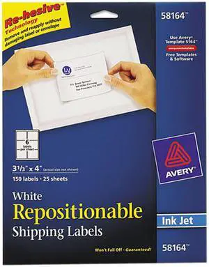 Avery 58164 Re-hesive Inkjet Labels, 3 1/3 x 4, White, 150/Pack