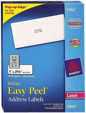 Avery 5960 Easy Peel Laser Address Labels, 1 x 2-5/8, White, 7500/Box