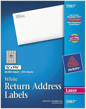 Avery Return Address Labels, Sure Feed Technology, Permanent Adhesive, 1/2" x 1-3/4", 20,000 Labels (5967)
