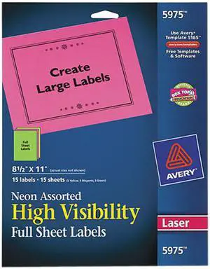 Avery High-Visibility Labels, Permanent Adhesive, Assorted Neon Colors, 8-1/2" x 11", 15 Labels (5975)