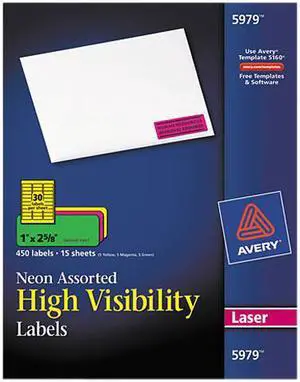 Avery High-Visibility Labels, Permanent Adhesive, Assorted Neon Colors, 1" x 2-5/8", 450 Labels (5979)