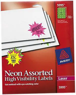 Avery High-Visibility Labels, Permanent Adhesive, Assorted Neon Colors, 2-1/4" Diameter, 180 Labels (5995)