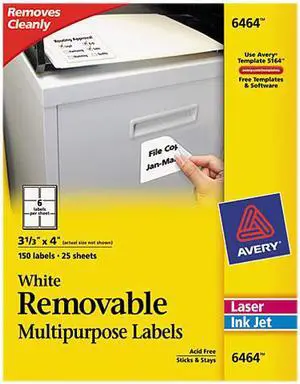 Avery 6464 Removable Inkjet/Laser ID Labels, 3-1/3 x 4, White, 150/Pack