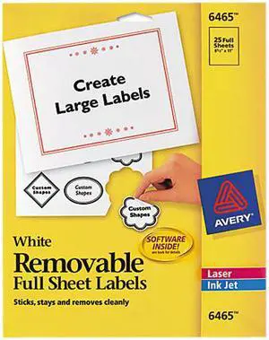 Avery 6465 Removable Inkjet/Laser ID Labels, 8-1/2 x 11, White, 25/Pack