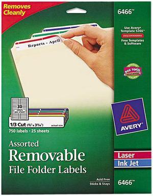 Avery 6466 Removable Filing Labels for Inkjet/Laser, 2/3 x 3-7/16, Assorted, 750/Pack