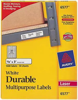 Avery 6577 Permanent ID Laser Labels, 5/8 x 3, White, 1600/Pack